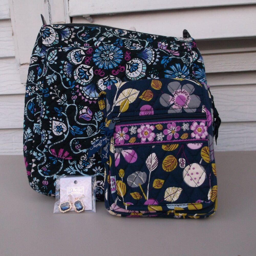 Vera Bradley Floral Crossbody Bag Duo + D'Bello Rhinestone Earrings Set — NWOT
